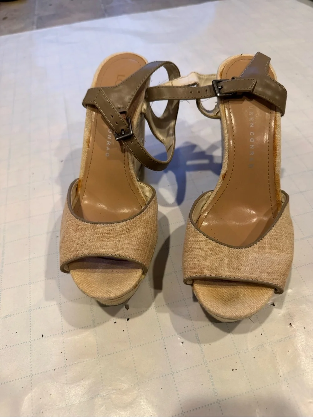 LC Lauren Conrad Beige Linen & Taupe Leather Ankle-Strap Heels